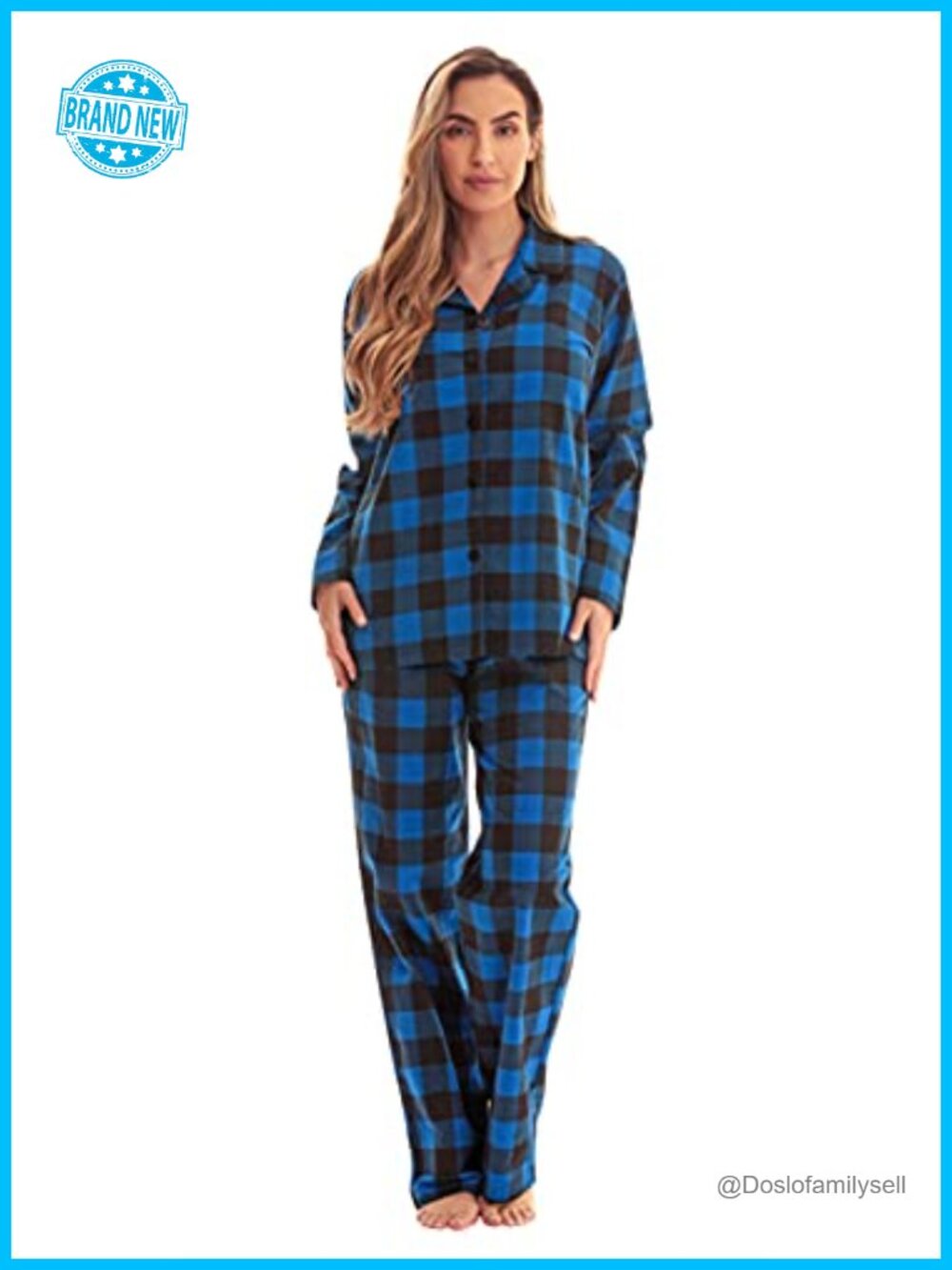 Women's Cotton Flannel Button Front Pajama Set Loose Fit Notch Collar